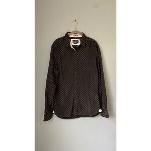 across the pond men’s long sleeve navy patterned button front shirt/size large￼